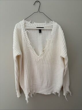 Women’s Distressed V-Neck Sweater - Cream